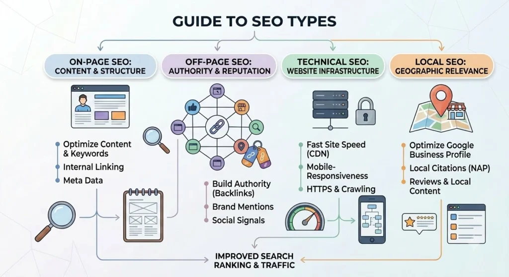 Types of SEO. On-page, Off-page, Technical & Local